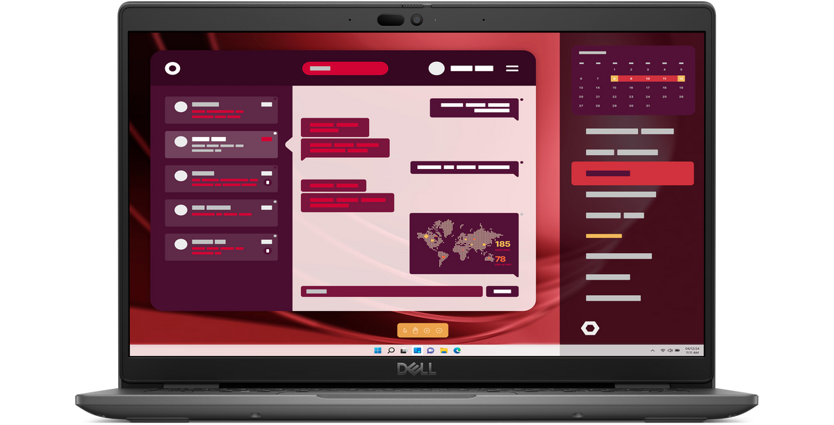 Dell latitude 3450 business laptop with 14 inch display showing red and purple digital interface and core ultra 5 125u processor
