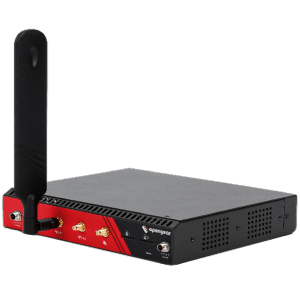 Opengear om1208-8e-glb black and red network device with vertical antenna and side ventilation grilles back view