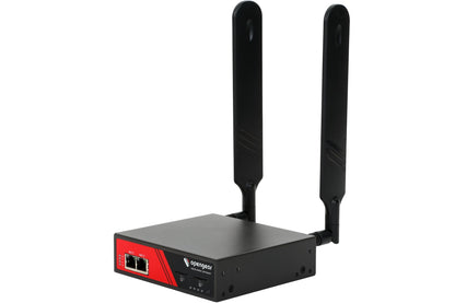 Black opengear acm7004-5-lmp network appliance with two antennas red-accented front panel and ethernet ports