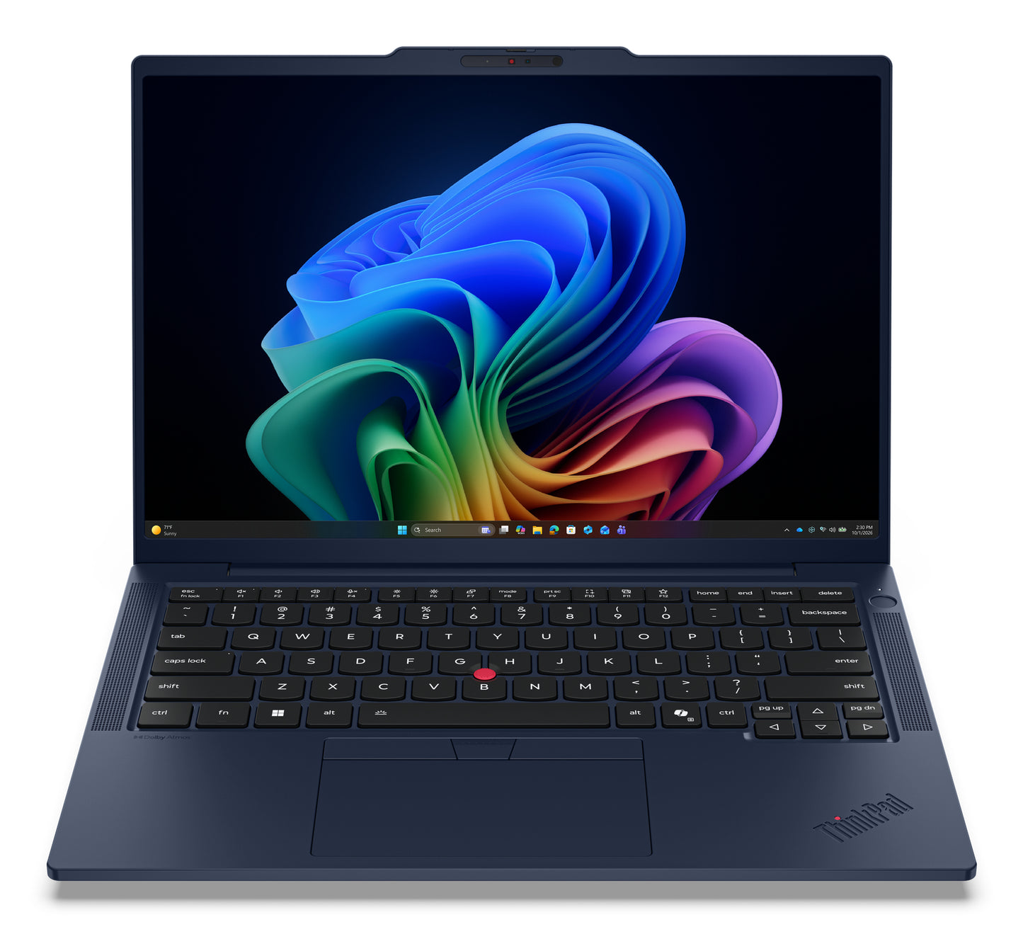 Dark blue Lenovo ThinkPad T14s Gen 7 laptop with sleek design, black keyboard, and red trackpoint, Wi-Fi 7 enabled