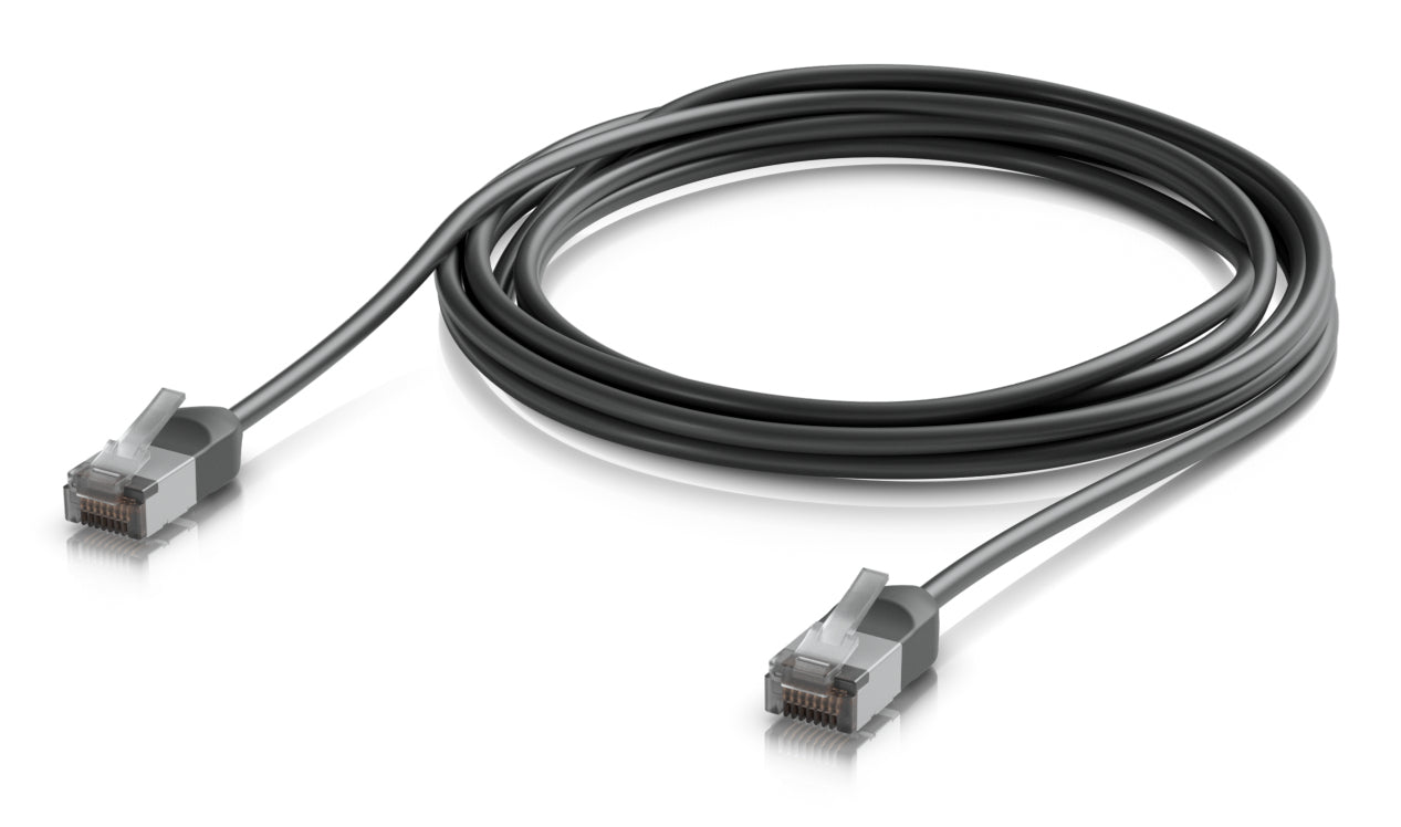 Black ubiquiti ubiquiti uacc-cable-patch-outdoor-c6a-3m-bk ethernet cable with gray rj45 connectors for outdoor use