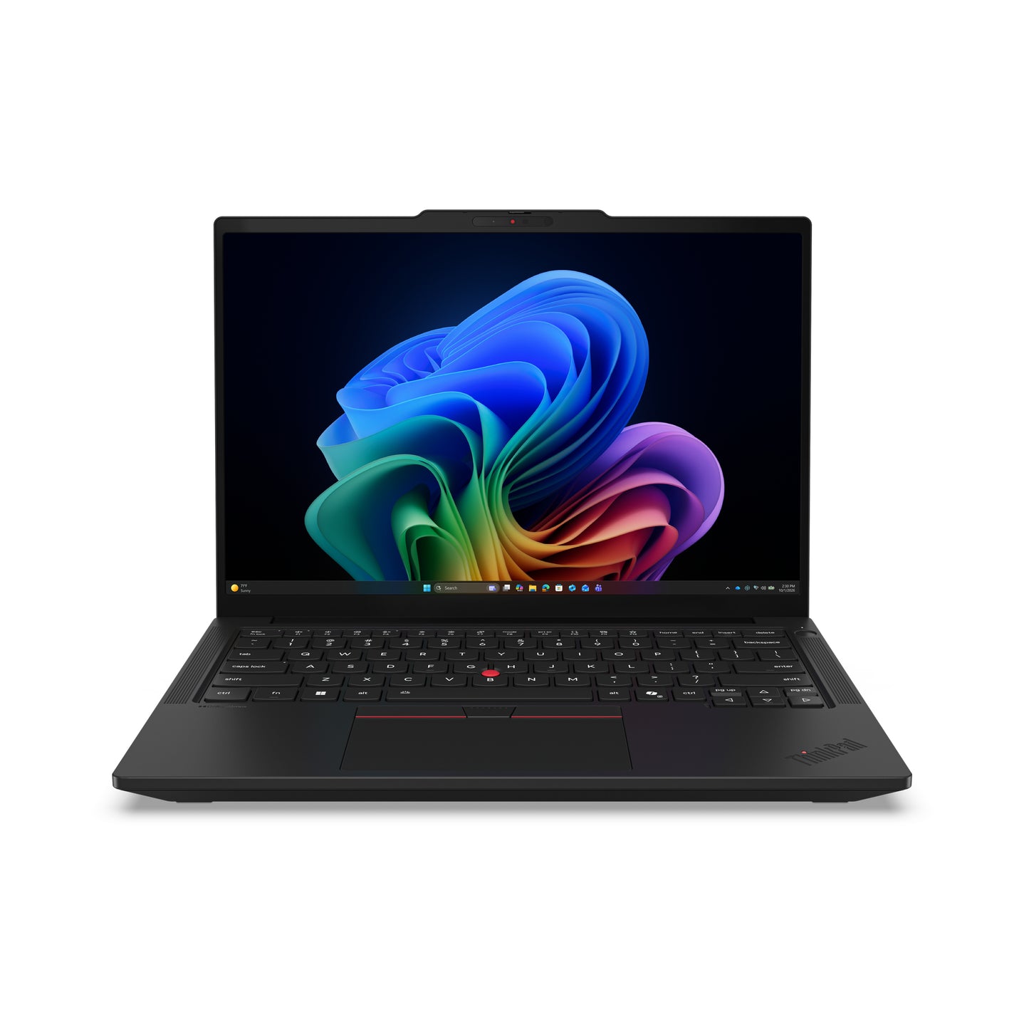 Black lenovo thinkpad t14 gen 7 laptop with sleek minimalist design and vibrant windows 11 wallpaper on screen