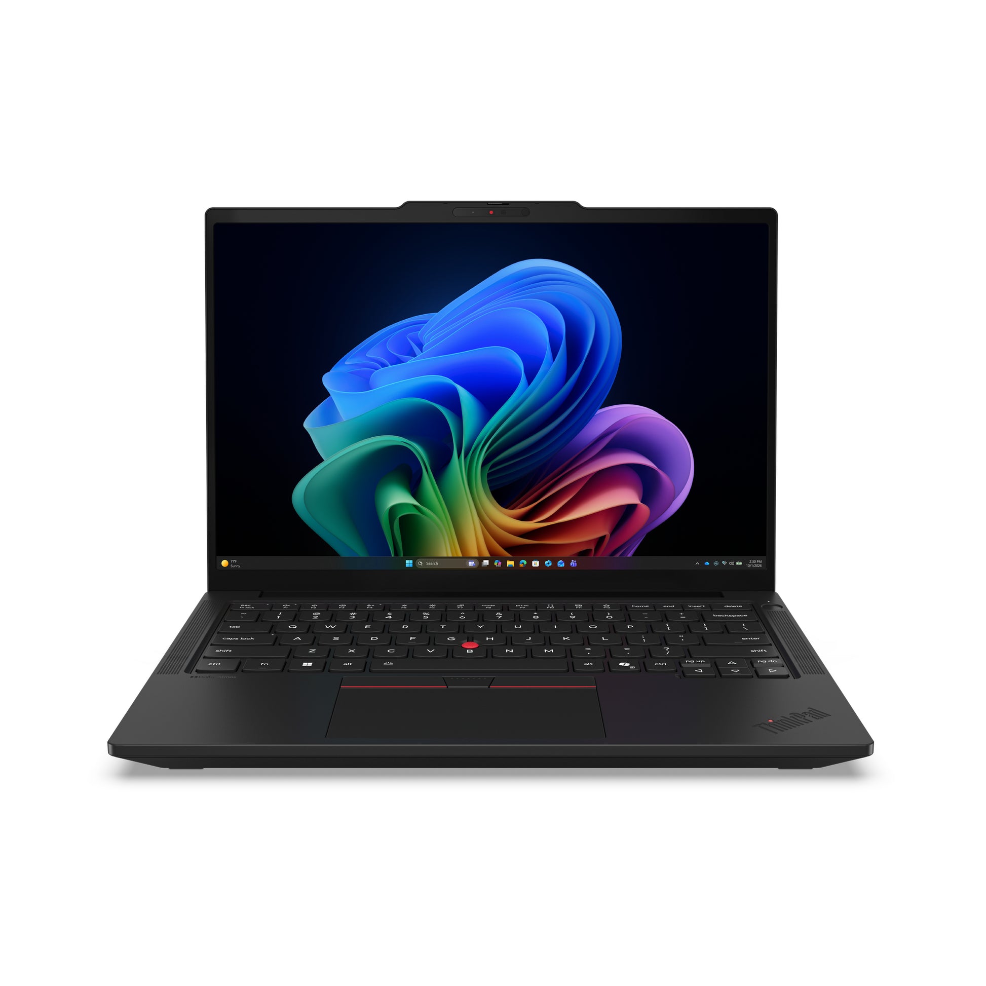 Black lenovo thinkpad t14 gen 7 laptop with sleek minimalist design and vibrant windows 11 wallpaper on screen