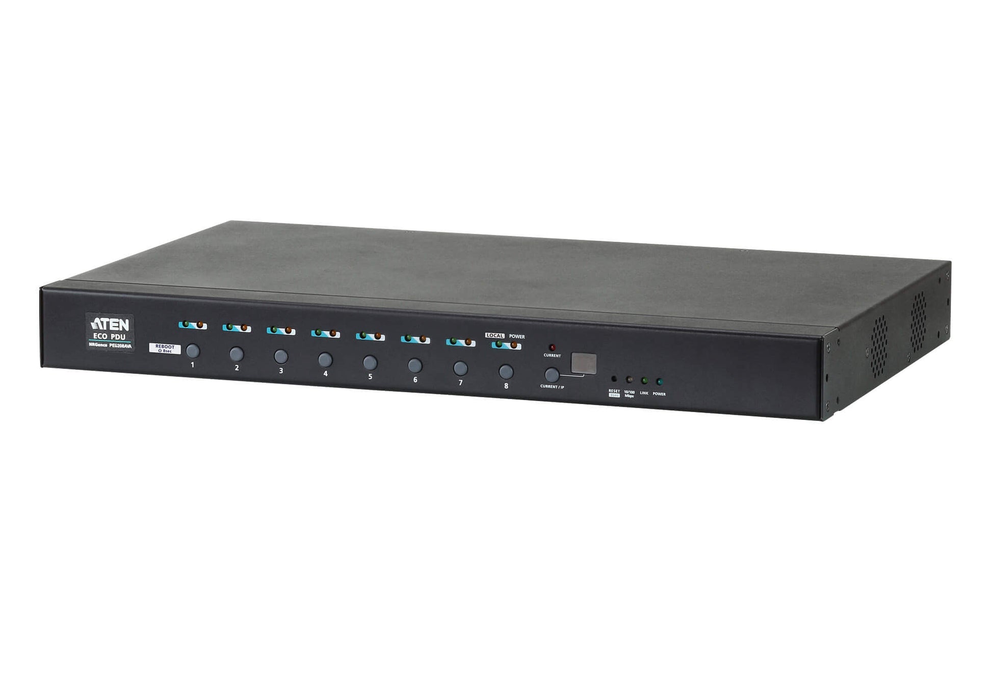 Black aten pe6208av-ATB-G eco-psu 8-port rack pdu with blue led indicators and labeled metered switched outlets
