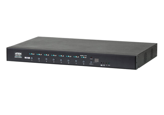Black aten pe6208av-ATB-G eco-psu 8-port rack pdu with blue led indicators and labeled metered switched outlets