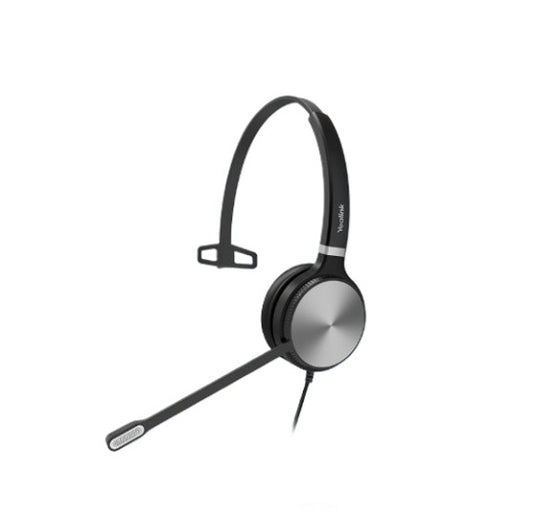 Black and silver yealink yhs36 e2 mono headset with flexible headband microphone boom arm and brushed metal earcup