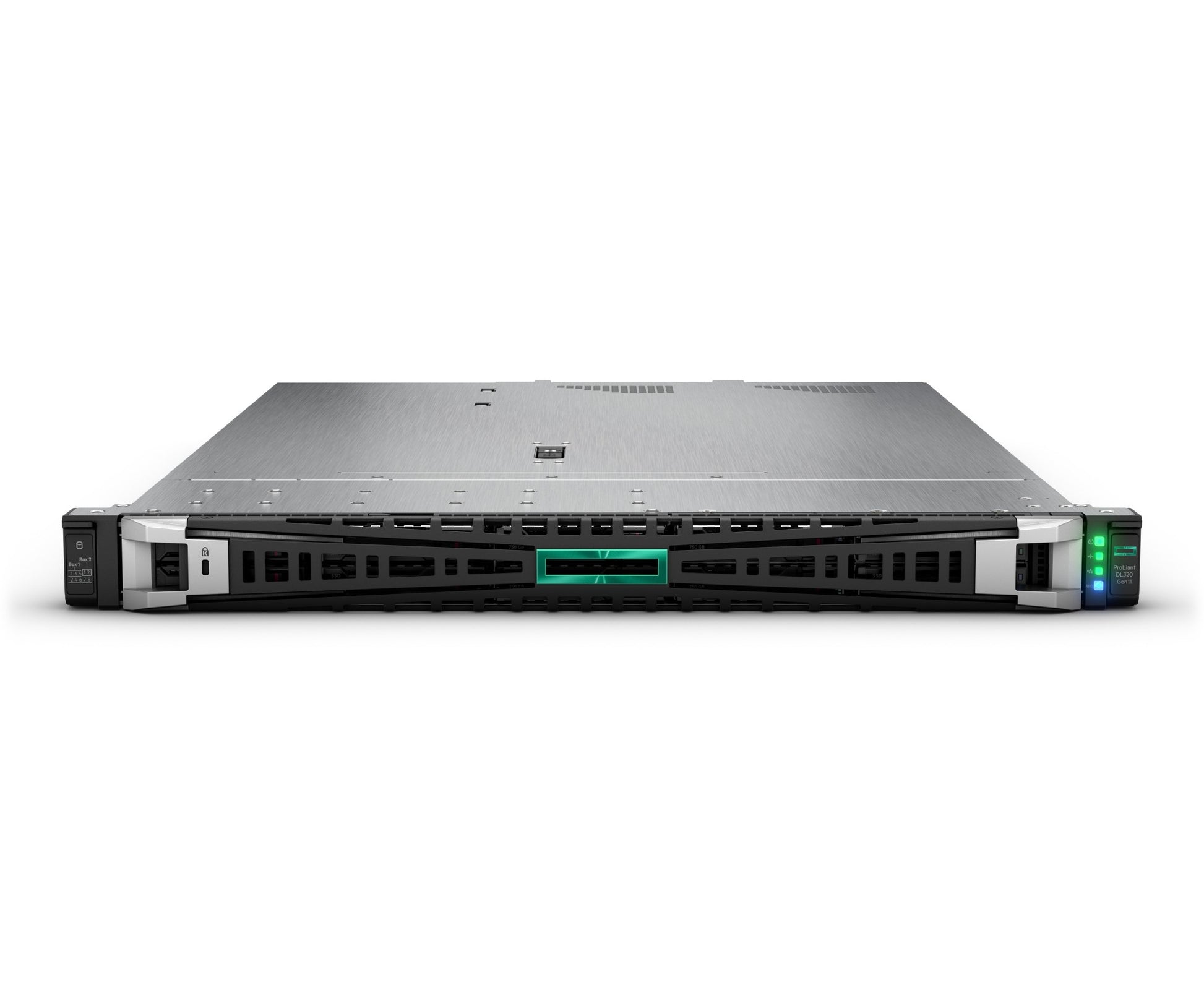 HPE ProLiant DL320 Gen11 silver black server rack with green LEDs