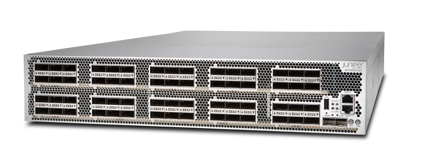Silver juniper networks mx series network router chassis with 60 x 100g ports and ventilation grilles shown from back side