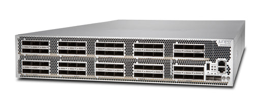 Silver juniper networks mx series network router chassis with 60 x 100g ports and ventilation grilles shown from back side
