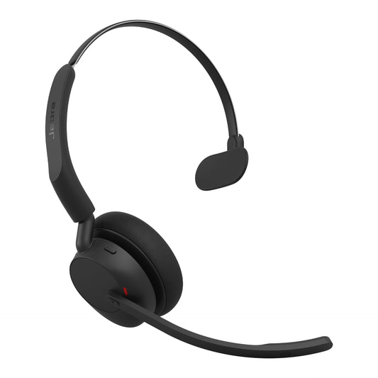 Black jabra evolve3 45 uc wireless anc mono headset with ergonomic design and flexible microphone arm usb-c charging stand