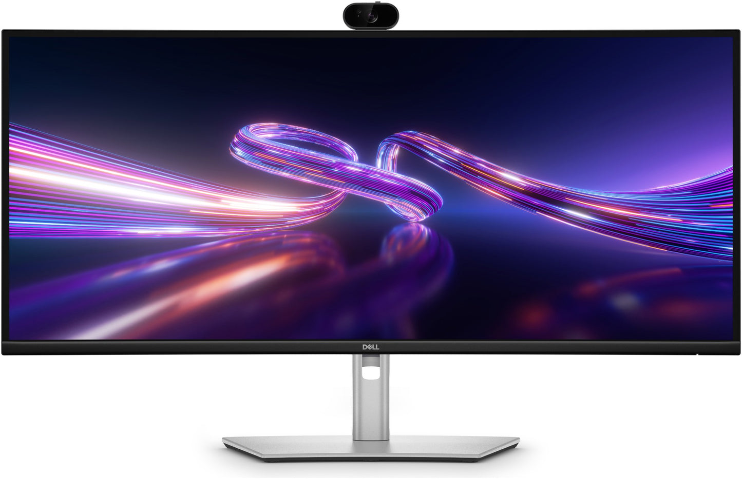 Dell P3426WEV pro 34 inch ultrawide curved WQHD IPS monitor with black frame silver stand and built-in top center webcam