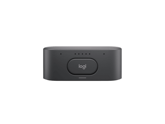Black logitech usb receiver with matte finish and oval button for rally ai conference camera 4k 20mp graphite