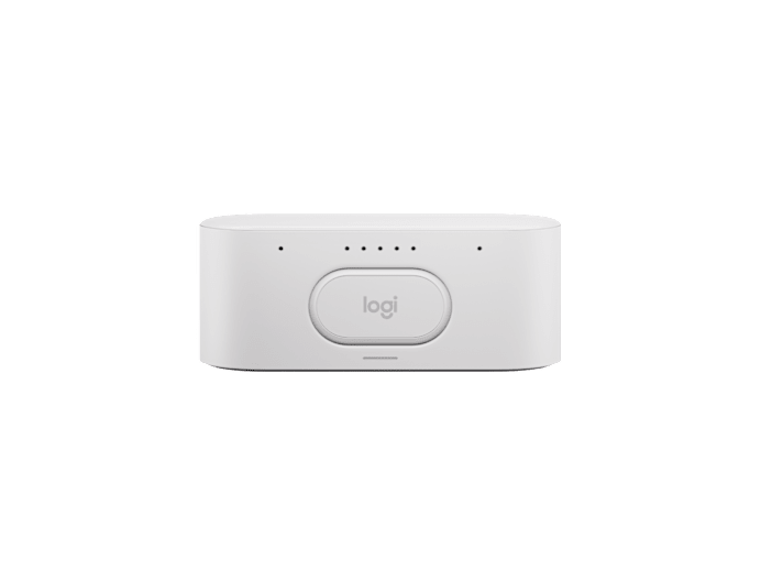White logitech wireless receiver with a sleek minimalist design and gray logo for rally ai conference camera 4k poE+