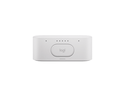 White logitech wireless receiver with a sleek minimalist design and gray logo for rally ai conference camera 4k poE+