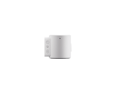 White cylindrical Logitech rally AI conference speaker with minimalist design and three circular side control buttons