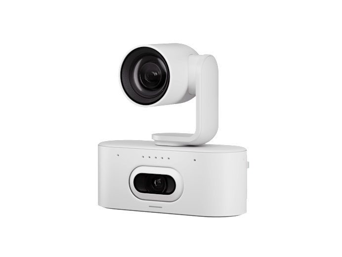 White Logitech Rally AI Camera Pro 4K PTZ with sleek modern design dual lenses and 15x zoom in off-white color