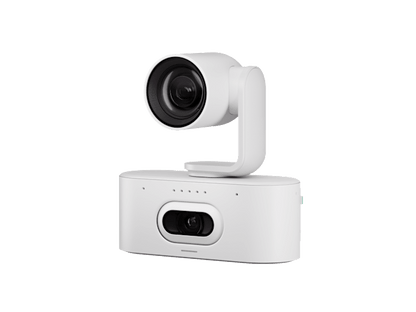 White Logitech Rally AI Camera Pro 4K PTZ with sleek modern design dual lenses and 15x zoom in off-white color