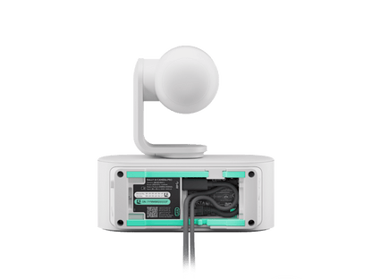 White spherical logitech rally ai camera pro with 4k ptz 15x zoom on a sleek white base with teal trim and wiring visible