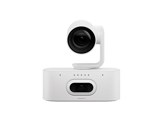 White logitech rally ai camera pro 4k ptz with 15x zoom and ai framing featuring a sleek black lens
