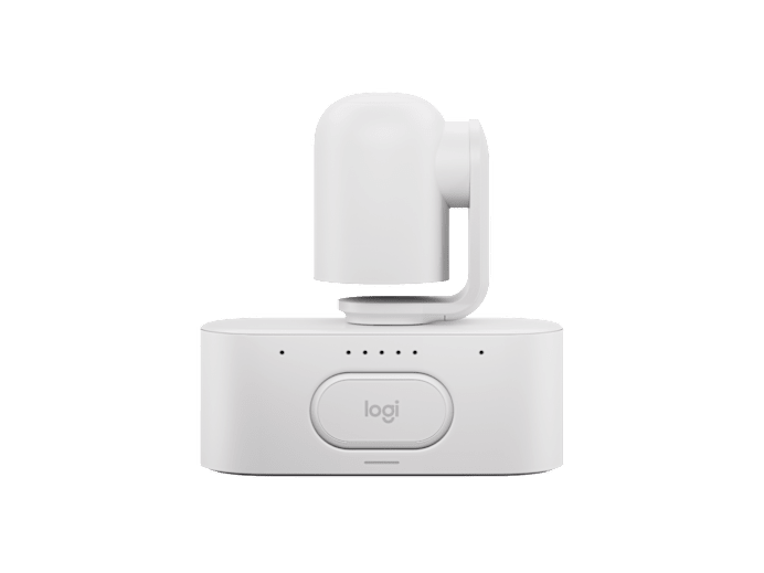 White Logitech Rally AI Camera Pro 4K PTZ with sleek modern design and smooth-rotating head in off-white color