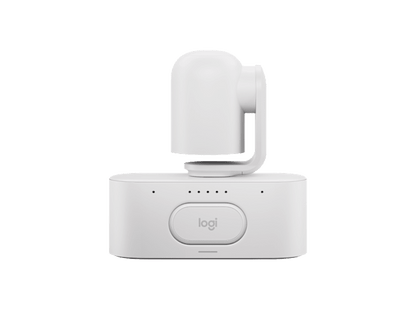 White Logitech Rally AI Camera Pro 4K PTZ with sleek modern design and smooth-rotating head in off-white color