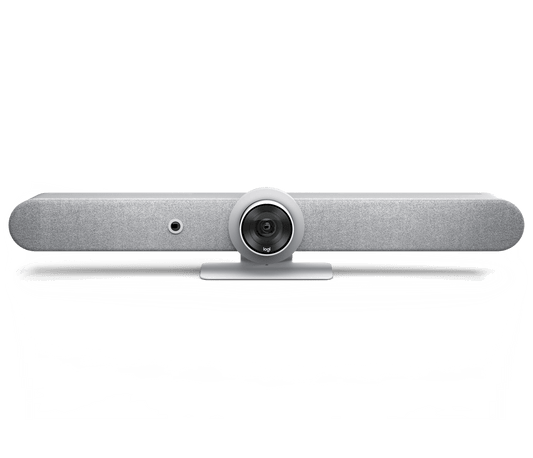 Silver logitech 960-001817 rally bar 2 all-in-one video bar with ai ptz camera and integrated speakers off white finish