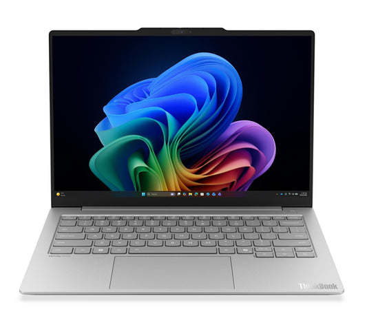 Silver lenovo thinkbook 14x gen 1 laptop with sleek design and vibrant abstract wallpaper on screen