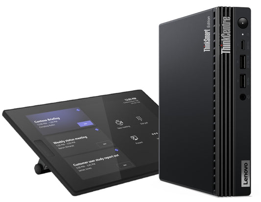 Black lenovo thinkcentre thinksmart tiny kit mtr desktop with vertical ventilation slits and minimalist design front view