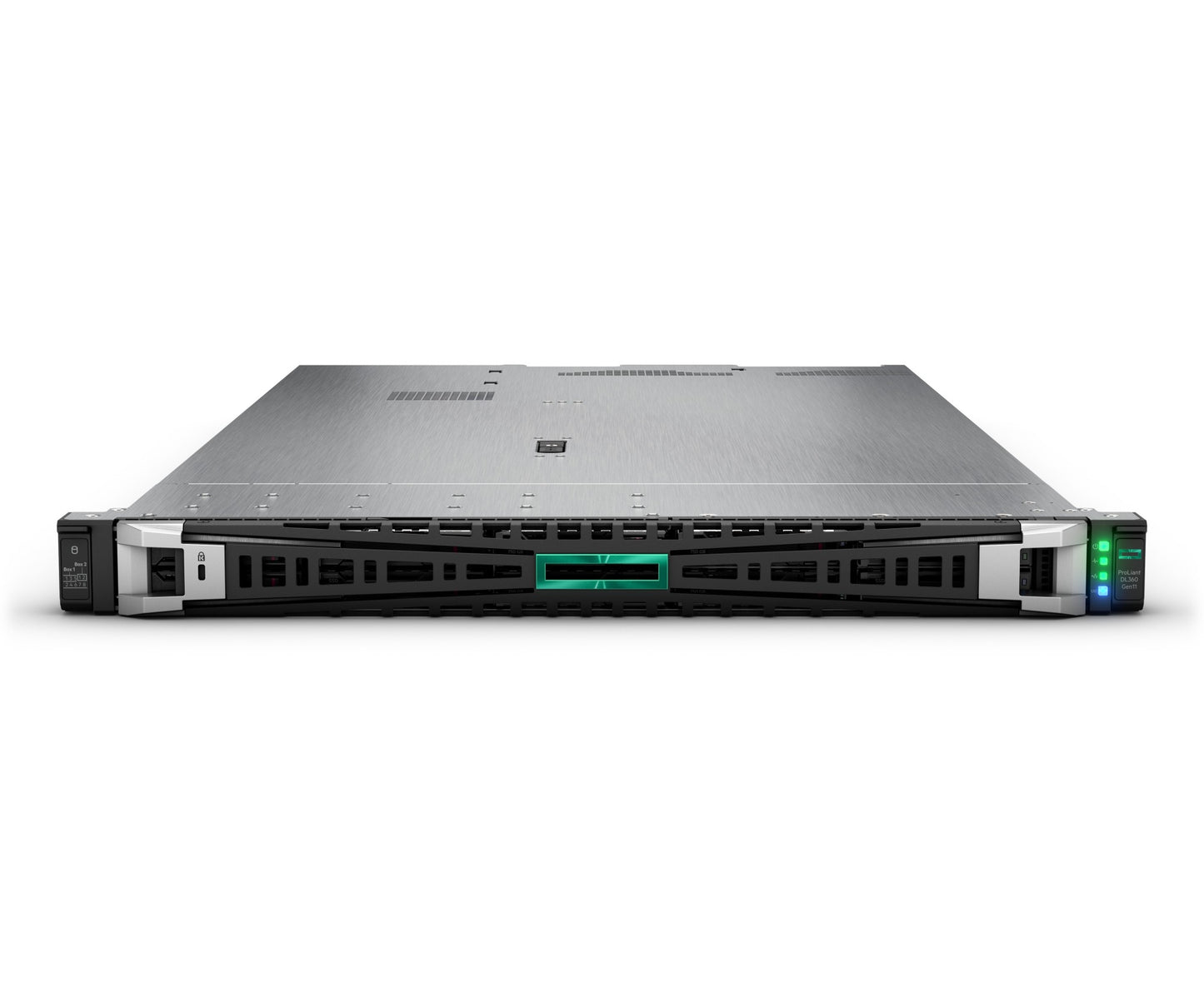 HPE ProLiant DL380 Gen10 silver black rack server with green LEDs