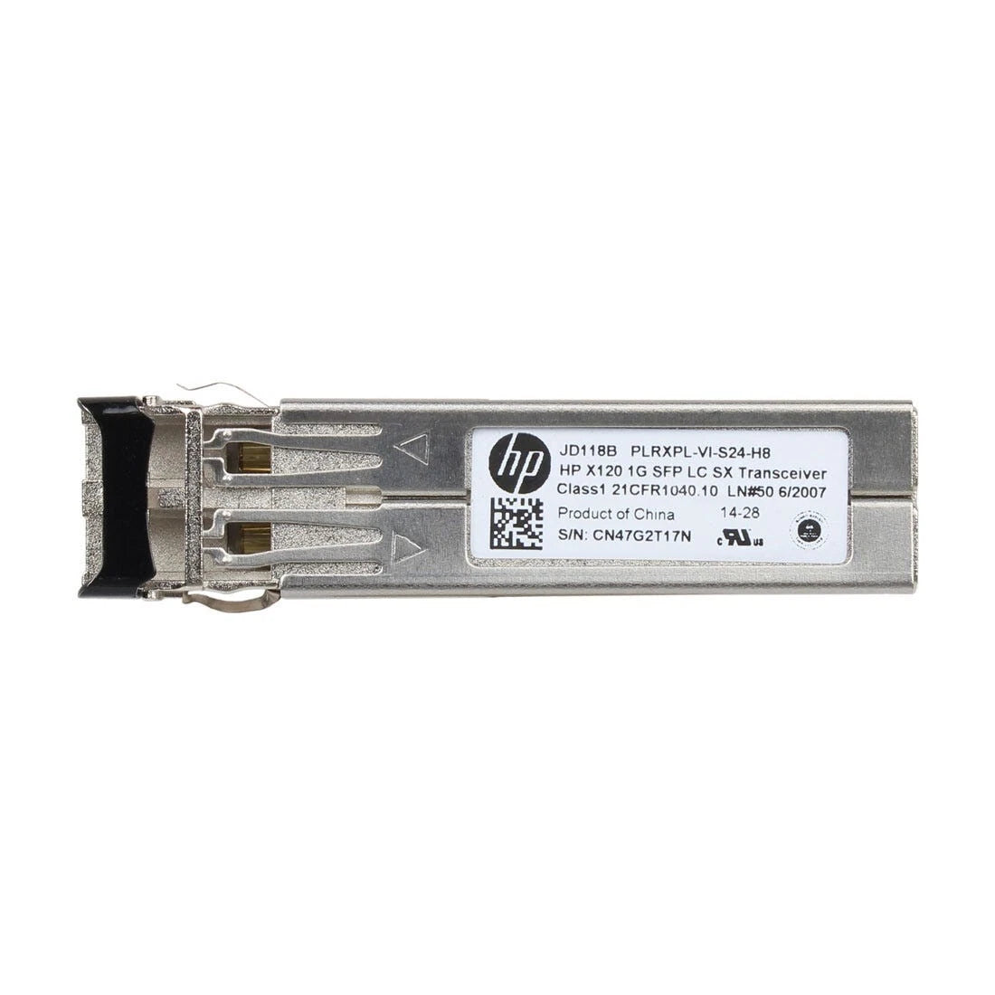 Aruba JD118B x120 1G SFP LC SX transceiver, silver metallic with black connector housing and white specification label