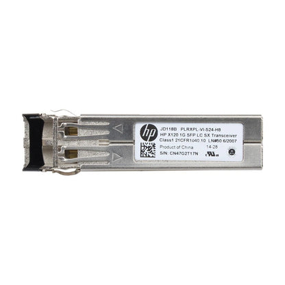 Aruba JD118B x120 1G SFP LC SX transceiver, silver metallic with black connector housing and white specification label