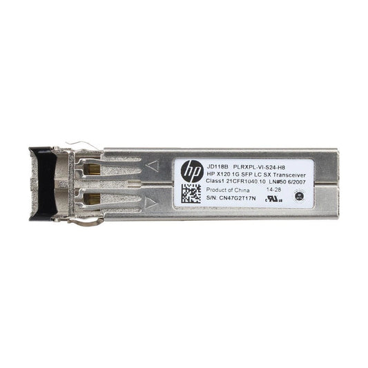 Aruba JD118B x120 1G SFP LC SX transceiver, silver metallic with black connector housing and white specification label