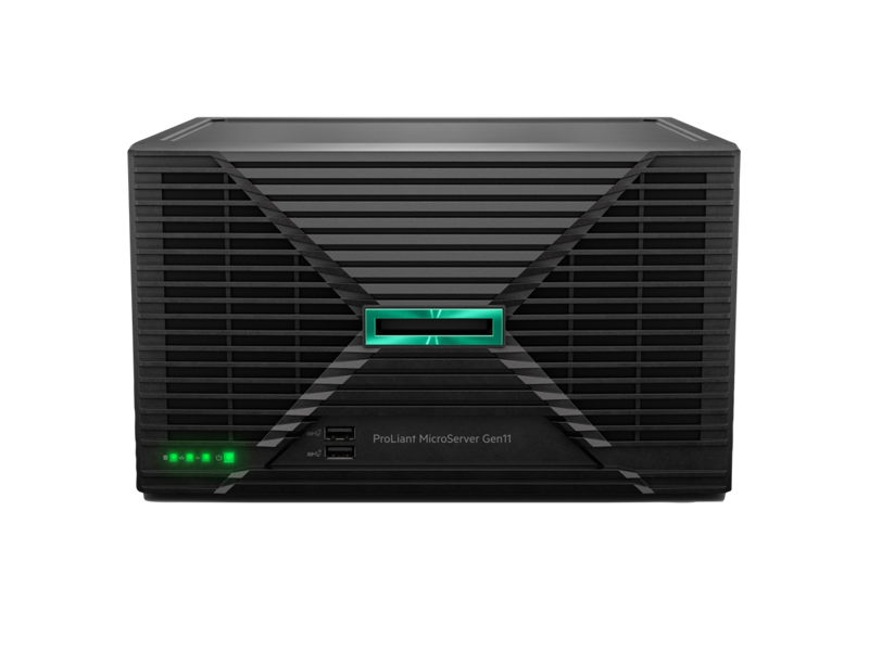 Black hpe proliant microserver gen11 6315p with green illuminated logo and status lights, 16gb ram, 2x480gb ssd