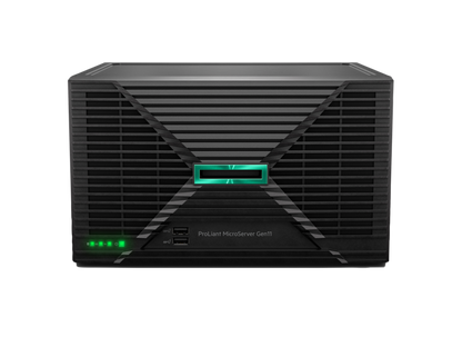 Black hpe proliant microserver gen11 6315p with green illuminated logo and status lights, 16gb ram, 2x480gb ssd