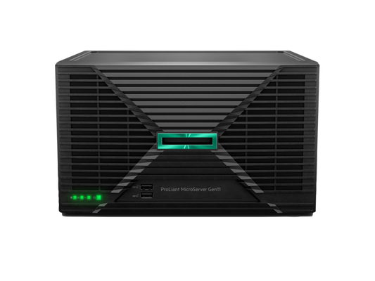 Black hpe proliant microserver gen11 6315p with green illuminated logo and status lights, 16gb ram, 2x480gb ssd