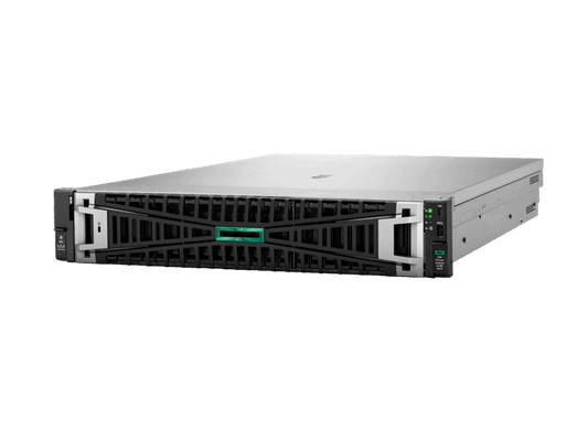HPE ProLiant DL380 Gen12 server with silver chassis, black front panel, green LEDs
