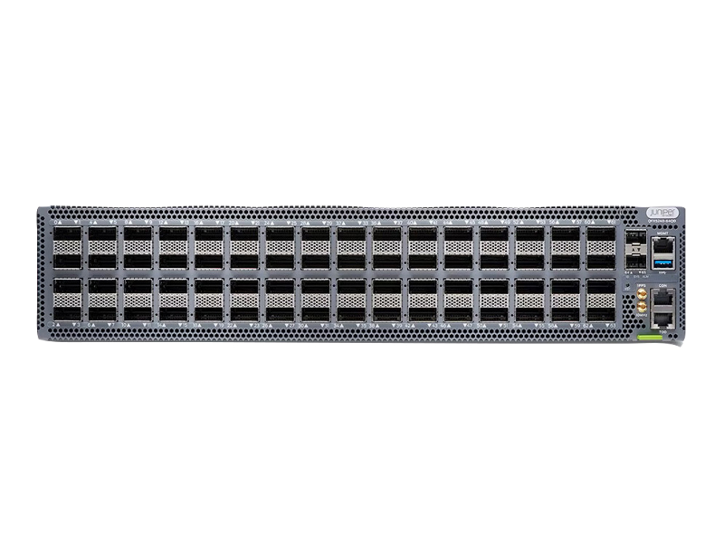 Gray metal juniper qfx5241-32od-ao-t server rack back with multiple ports and ventilation slots for data center use