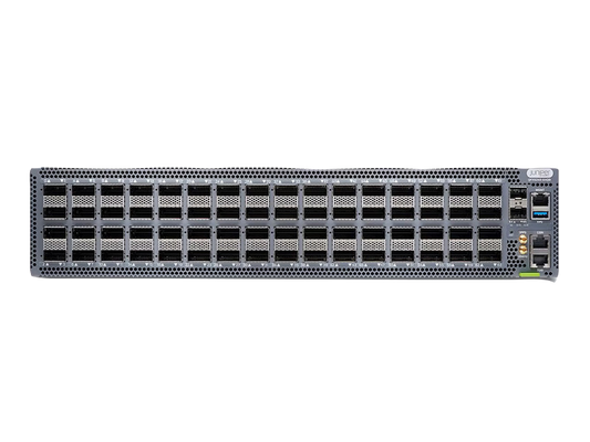 Gray metal juniper qfx5241-32od-ao-t server rack back with multiple ports and ventilation slots for data center use