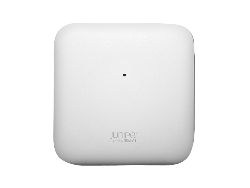 White square-shaped juniper ap36-ww wi-fi 7 access point with internal antenna and black dot center design