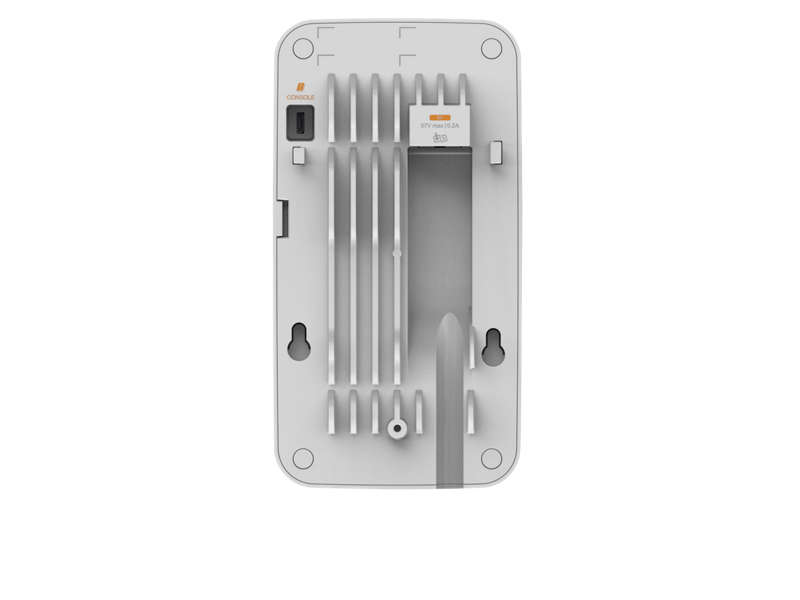 White plastic hpe s6q67a ap-721h wi-fi 7 2x2 hospitality access point with vertical cooling fins and orange label