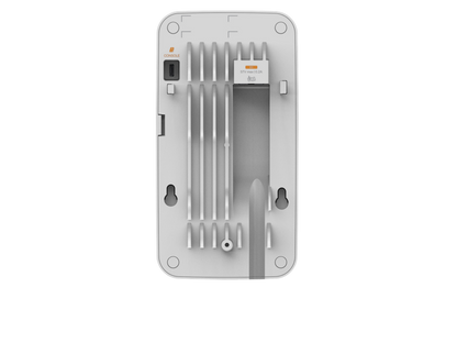 White plastic hpe s6q67a ap-721h wi-fi 7 2x2 hospitality access point with vertical cooling fins and orange label