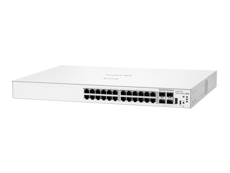White ubiquiti unifi switch series ums40 with multiple ethernet ports and indicator lights shown on back side with aruba instant on s5e28a abg 1840 24-port gigabit switch non-poe