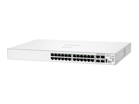 White ubiquiti unifi switch series ums40 with multiple ethernet ports and indicator lights shown on back side with aruba instant on s5e28a abg 1840 24-port gigabit switch non-poe