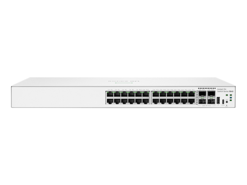 White cisco catalyst 9200 series switch with multiple ethernet ports and indicator lights in Aruba Instant On 1840 24-port gigabit switch