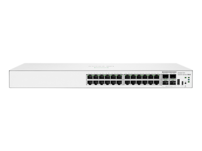 White cisco catalyst 9200 series switch with multiple ethernet ports and indicator lights in Aruba Instant On 1840 24-port gigabit switch