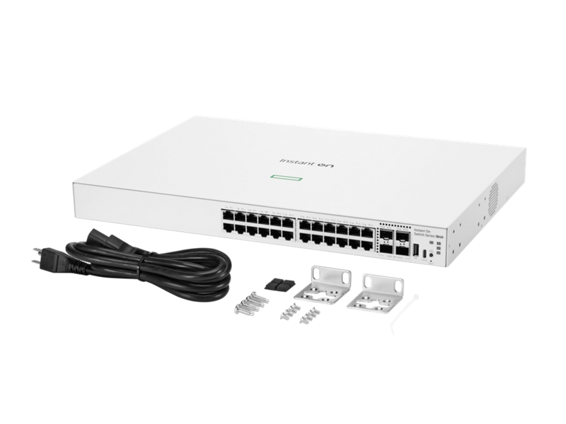 White rectangular dell aruba instant on 1840 24-port gigabit switch with multiple ethernet ports and power cable