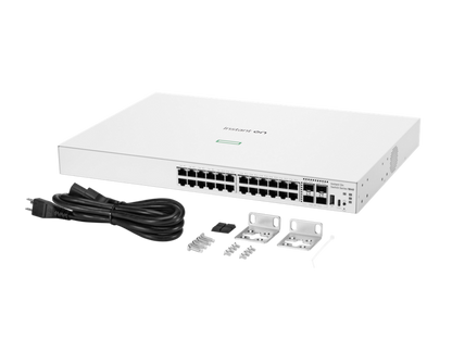 White rectangular dell aruba instant on 1840 24-port gigabit switch with multiple ethernet ports and power cable