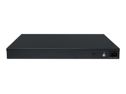 Back side of black matte hpe s6x51a abg 24-port gigabit poe plus switch with power input port visible