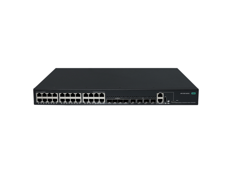 Black hpe s6x51a abg network switch with 24 gigabit poe+ ethernet ports and green power indicator light