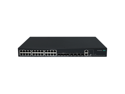 Black hpe s6x51a abg network switch with 24 gigabit poe+ ethernet ports and green power indicator light